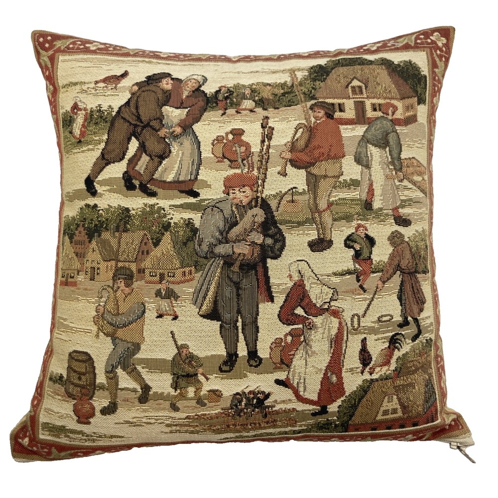 Vtg Scottish Tapestry Throw Pillow Crewel Cottage Scene 13 X13" Bagpipes
